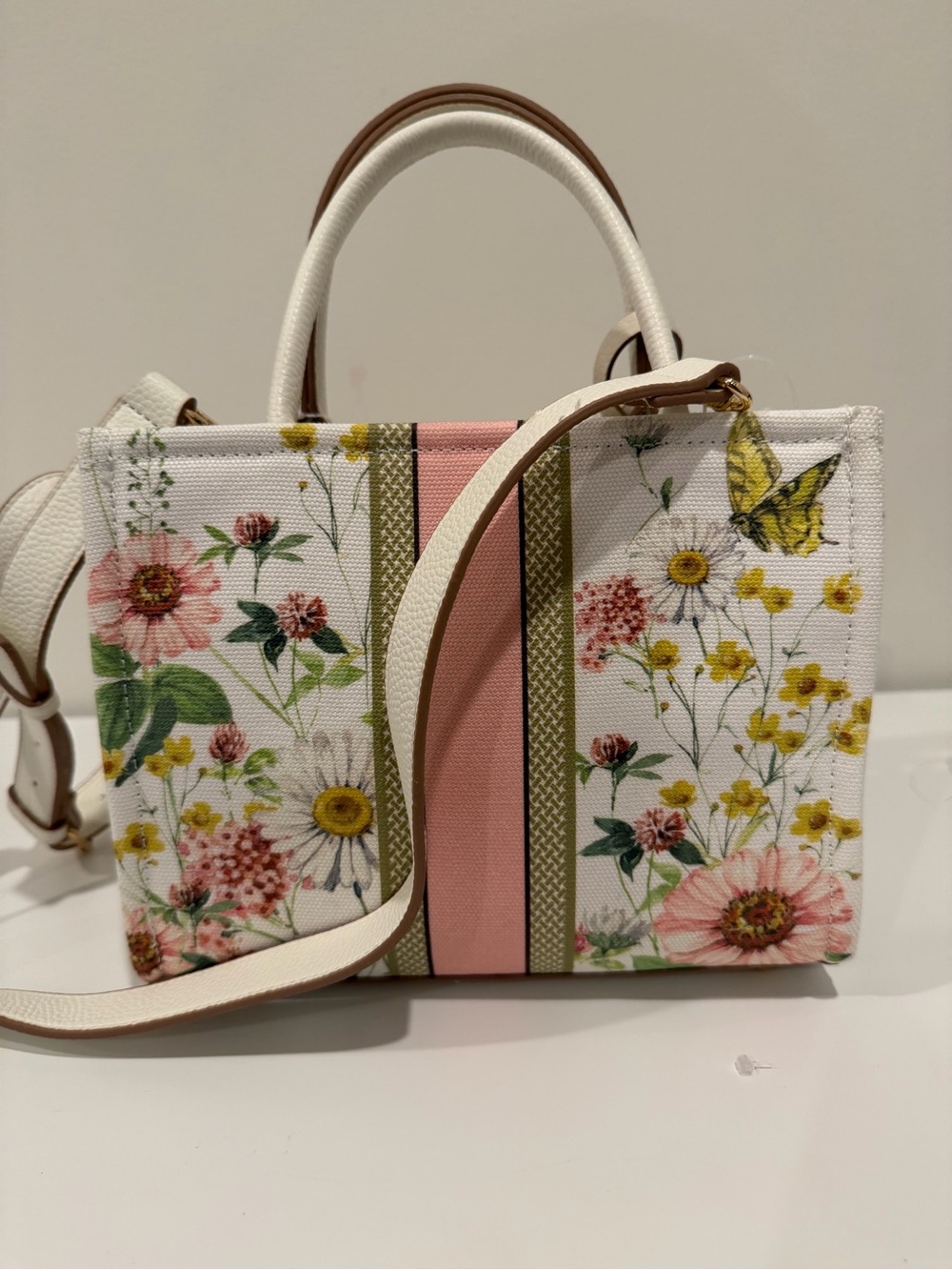 Nanette Lepore White Floral Satchel with Pink & Olive Stripes - Picture 3 of 3